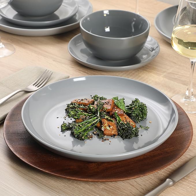 Gibson Home Rockaway 12 Piece Plates and Bowls Matte Outside/Shiny Inside Glaze Service for 4 Dinnerware Set - Blue - Dishwasher and Microwave Safe