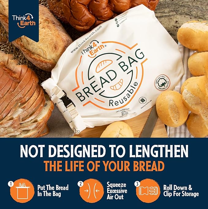 Think4Earth® – Cotton Linen Bread Bag Organic - Reusable Bags for Homemade Loaf Gift Giving - Bread Container for Large Sourdough Loafs – Countertop Cloth Storage and Transport Solution.