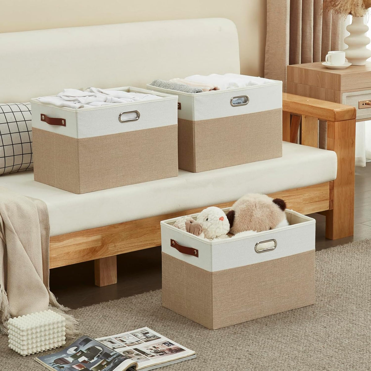 Large Collapsible Fabric Storage Bins with 3 Handles, Foldable Organizer Baskets for Closet, Shelves, Living Room | 3 Pack, Durable PU & Metal Handles (17"x11.8"x11.8", Beige & White)