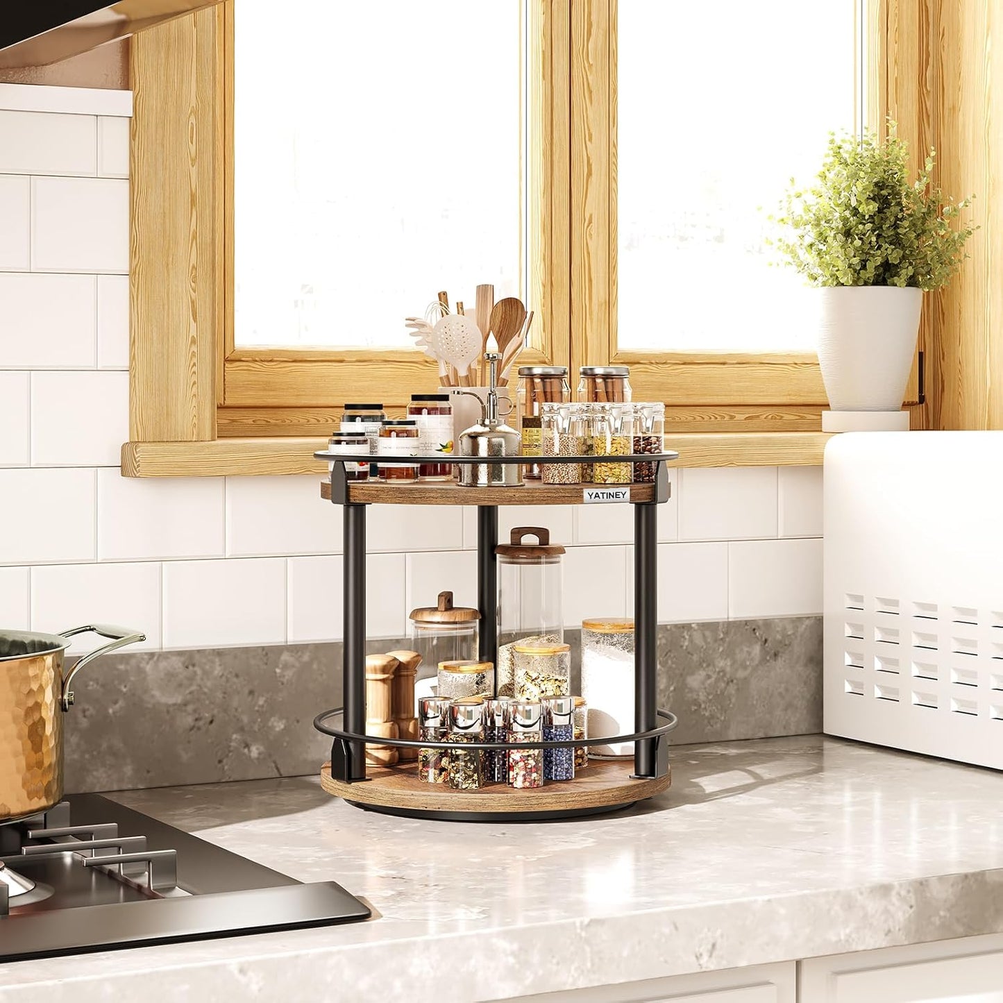 Lazy Susan Organizer, Rotating Spice Rack, 2 Tier Spice Turntable Organizer, Industrial Turntable Spice Holder, for Kitchen Countertop and Cabinet, Compact and Versatile, Rustic Brown SR22BR