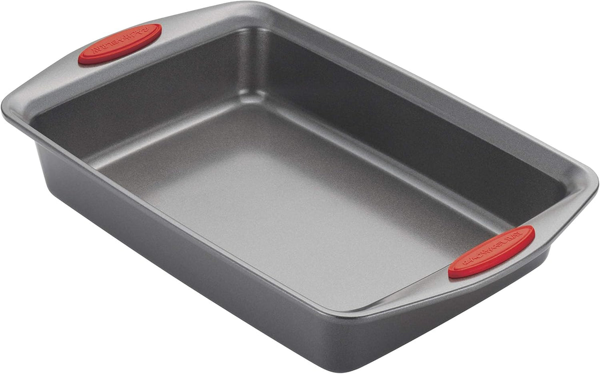 Rachael Ray Yum-o! Nonstick Baking Pan With Grips/ Nonstick Cake Pan with Grips, Rectangle - 9 Inch x 13 Inch, Gray with Red Grips