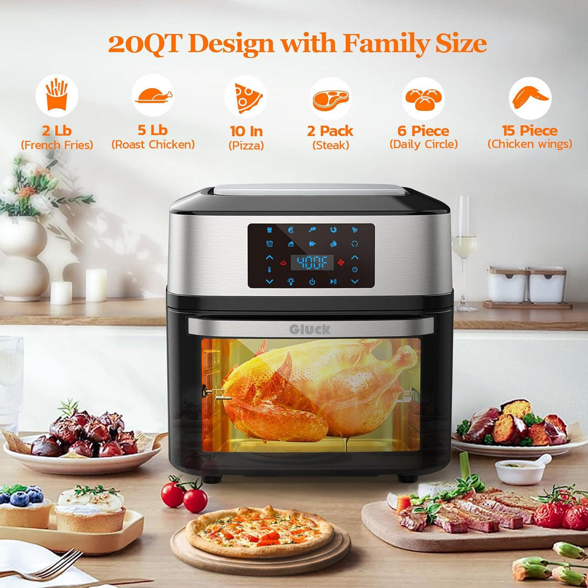 Air Fryer Oven Large 20 QT, 10-in-1 Toaster Oven Air Fryer Combo with Window for Family, Airfryer Oven with Rotisserie, 3 Dehydrating Racks, ETL Certified