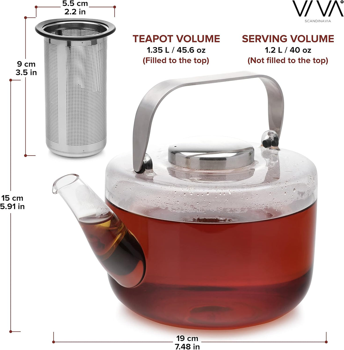 Viva Bjorn Borosilicate Glass Tea Pot for Stovetop with Loose Leaf Tea Infuser Mesh - 40 ounce/1.18 Liter - Modern Teapot Features Stainless Steel Handle and Vented Lid, Tea Maker for Blooming