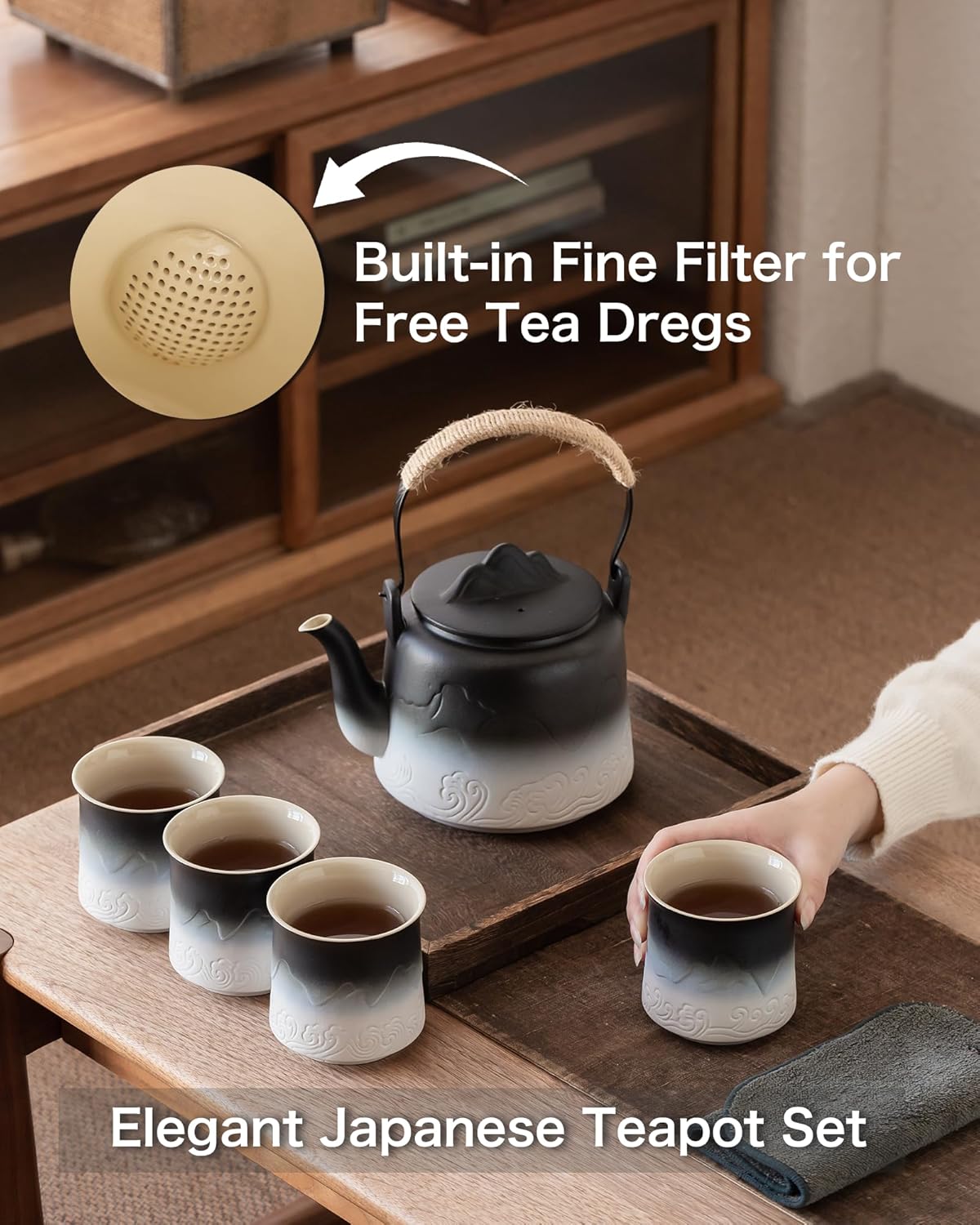 ZENS Vintage Japanese Tea Set, 33.8 oz Gradient Embossed Ceramic Japanese Teapot with Built-in Strainer for Tea Steeper, Hemp Rope Handle Loose Leaf Tea Pot with 4 Cups for Tea Party, Black & White