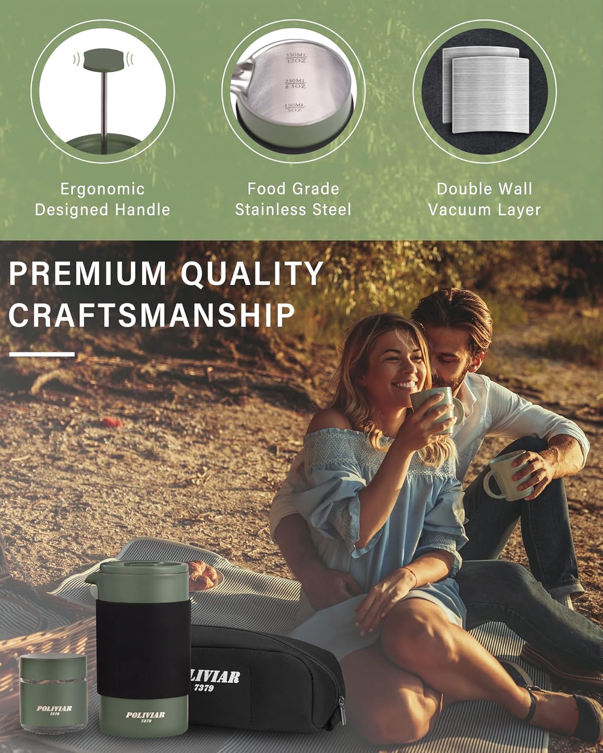 POLIVIAR French Press Coffee Maker, 12 oz Portable French Press with Mini Canister and Collection Bag, Double Wall Insulation & Dual- Filter Screen, Food Grade Stainless Steel for Coffee