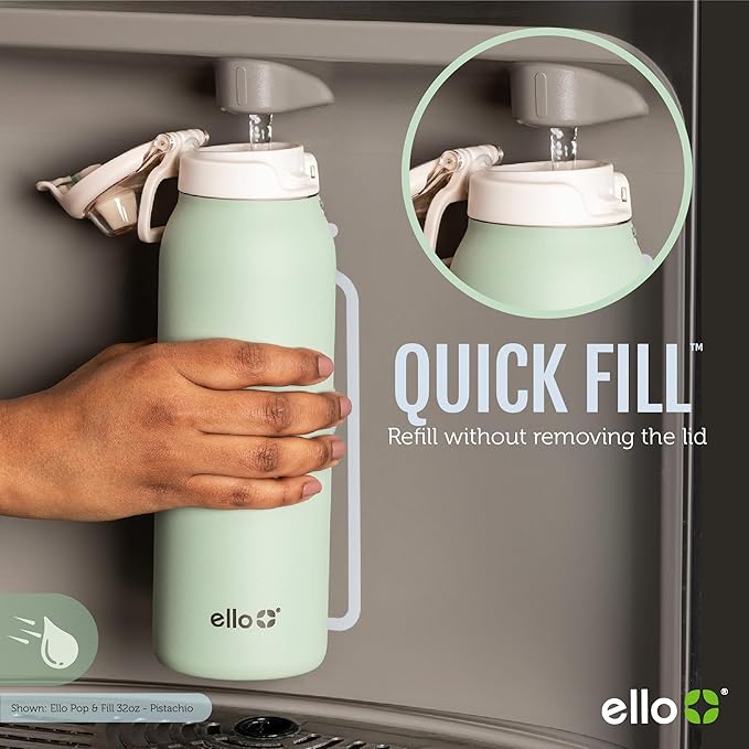 Ello Pop & Fill 32oz Stainless Steel Water Bottle with QuickFill Technology, Double Walled and Vacuum Insulated Metal, Leak Proof Locking Lid, Straw and Chug, Reusable, BPA Free, Porcelain Rose