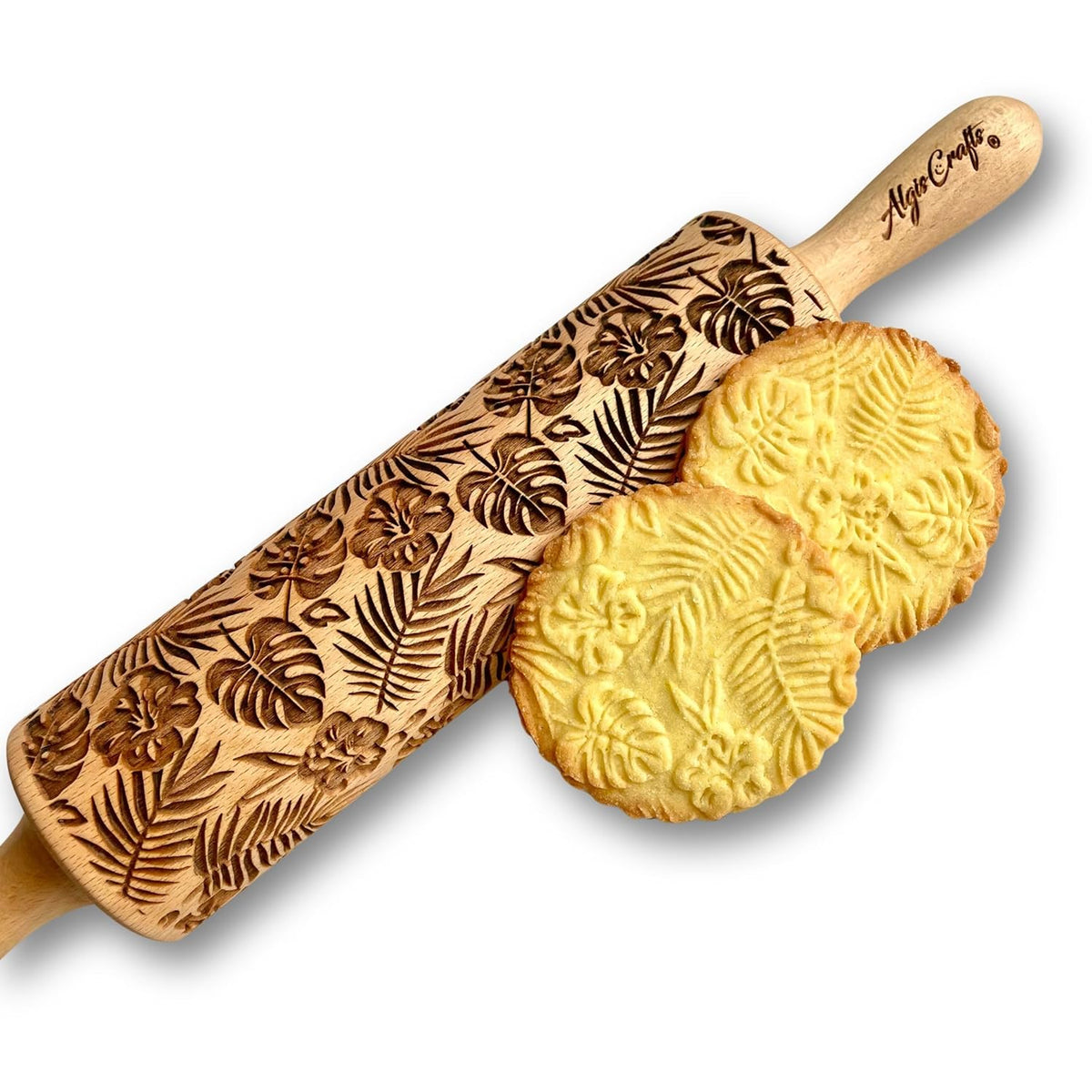 Embossing Rolling Pin RAINFOREST with Tropical Pattern. Dough roller for embossed cookies and Pottery by Algis Crafts