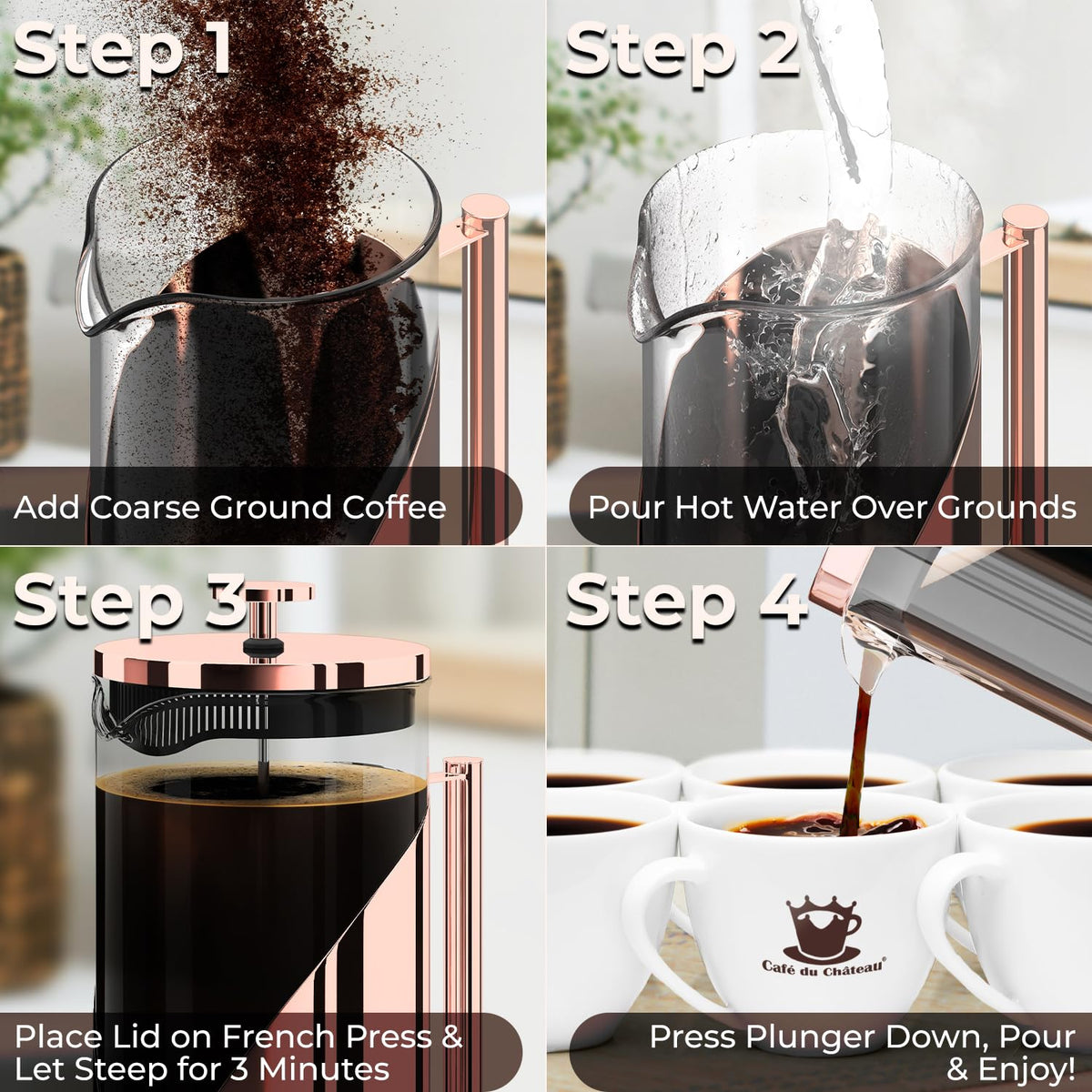 Cafe Du Chateau Stainless Steel French Press Coffee Maker - 34oz Insulated Coffee Press with 4-Level Filtration, BPA Free, Durable Glass, Great for Tea
