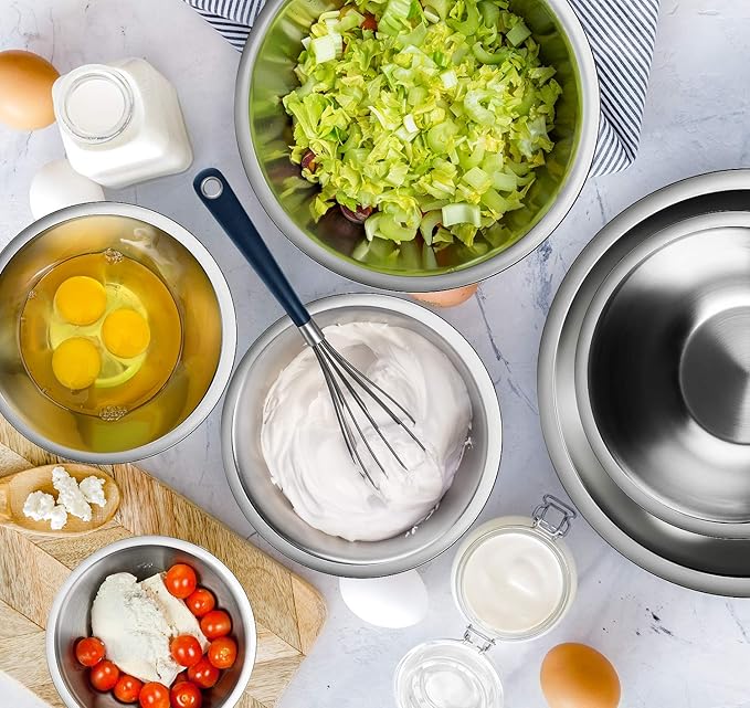 EATEX Stainless Steel Mixing Bowls with Measuring Cups & Spoons Set of 14 - Dishwasher Safe Nesting Mixing Bowl Set for Cooking, Baking & Meal Prep Non-Slip Premium Bowls