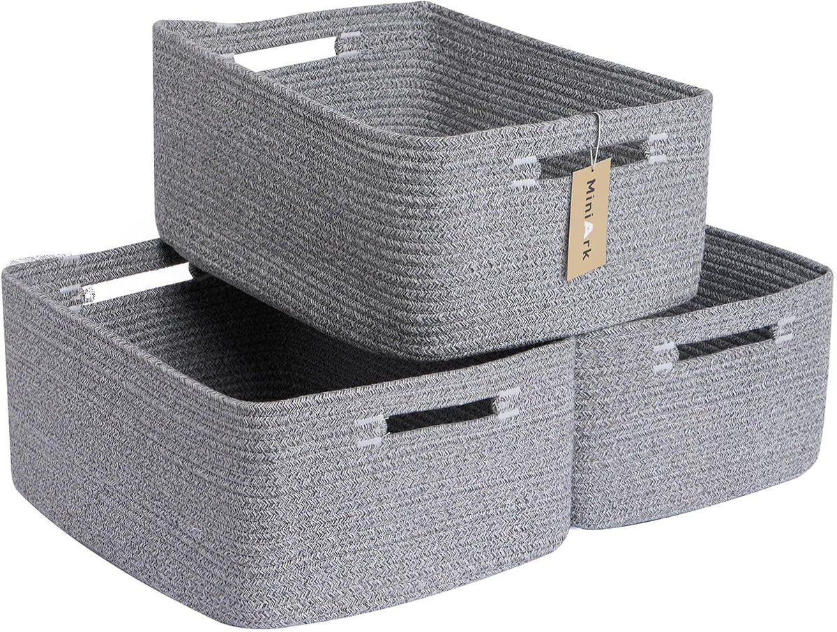 Large Storage Baskets for Shelves, Closet Organizers Bins for Clothes Blanket Towels, Baby Nursery, Toy Baskets Box, Woven Rope Baskets, 17 x 13 x 7.5”, 3 Packs Mixed Grey