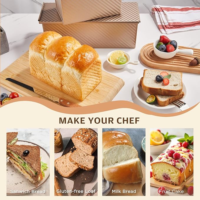 KITESSENSU Pullman Loaf Pan with Lid 2 Pack, 1 lb Dough Capacity Non-Stick Bakeware for Baking Bread, Carbon Steel Corrugated Bread Toast Box Mold with Cover for Baking Bread, Gold