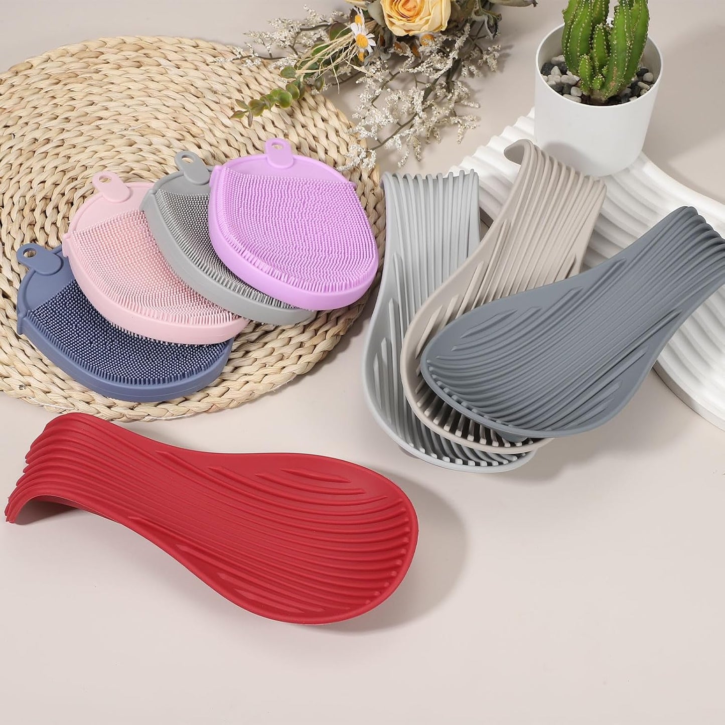 uxcell 1 Set Silicone Spoon Rest for Stove Top, Silicone Spoon Holder for Cooking Spatula, Ladle, Brush Light Grey/Dark Blue