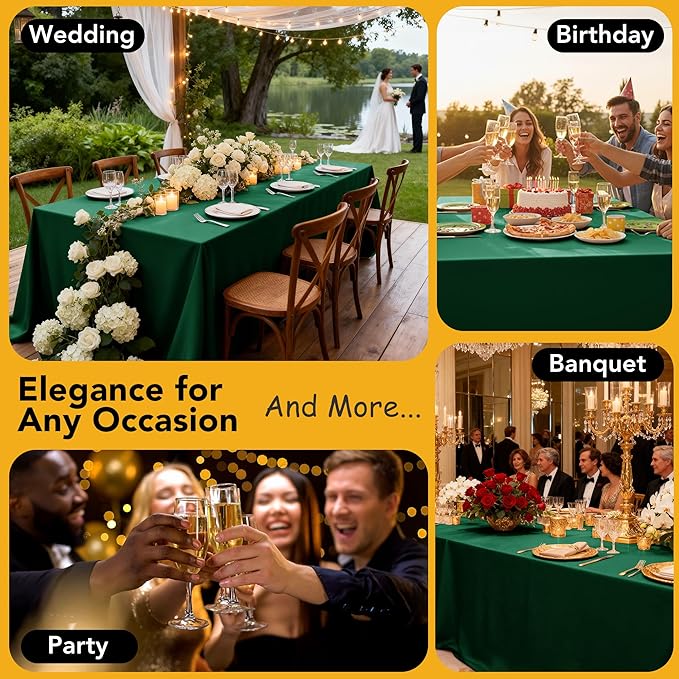 6-Pack Hunter Green Tablecloths for Rectangle Tables, 90 x 156 Inches, Stain-Resistant Polyester Fabric for 8 Foot Tables - Washable Table Covers for Weddings, Birthday Parties, Events
