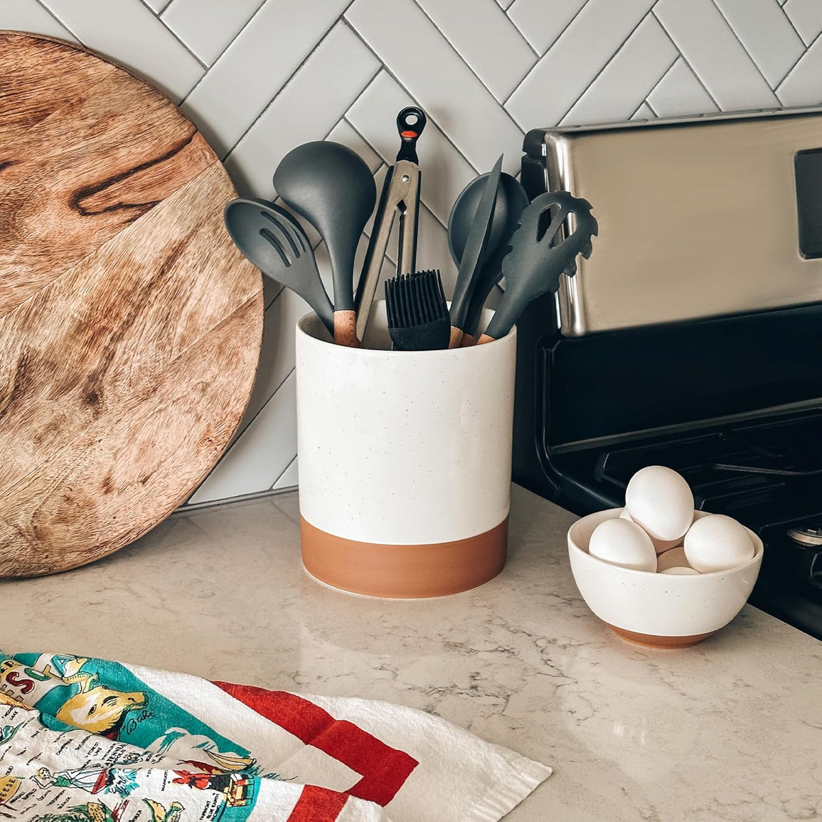 Mora Ceramic Kitchen Utensil Holder - Wooden Spoon & Spatula Crock for Countertop, Modern Farmhouse Home Decor, Extra Large 7.3" Cooking Organizer for Stove Top and Counter - Heavy & Sturdy - Vanilla