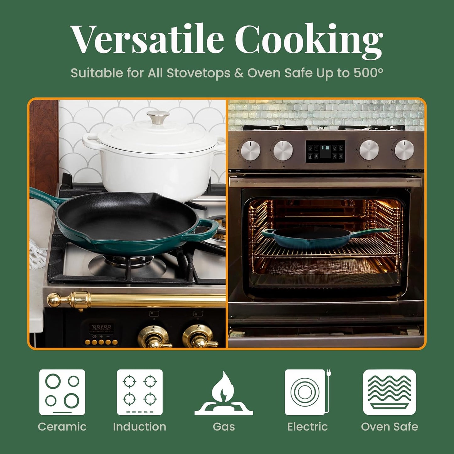 Larder & Vine Enameled Cast Iron Skillet | 10.25 inch Cast Iron Pan | Saute Pan with Pour Spouts | Enamel Coated Cast Iron Skillet | Compatible on All Cooktops & Oven Safe to 500° F | Bondi