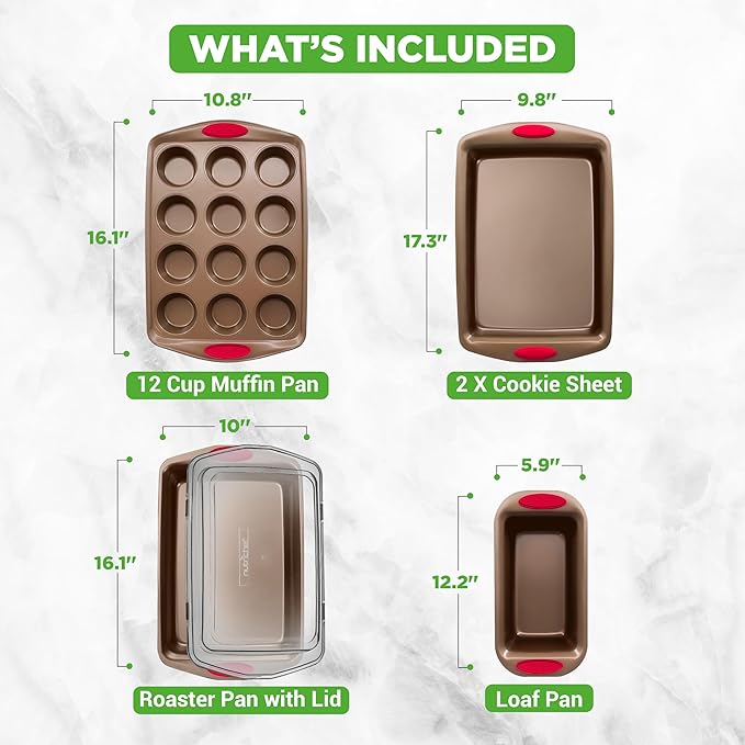 NutriChef 6-Piece Baking Pan Set - PFOA, PFOS, PTFE Free Flexible Nonstick Golden Coating Carbon Steel Bakeware - Professional Home Kitchen Bake Cookie Sheet Stackable Tray w/Red Silicone Handles