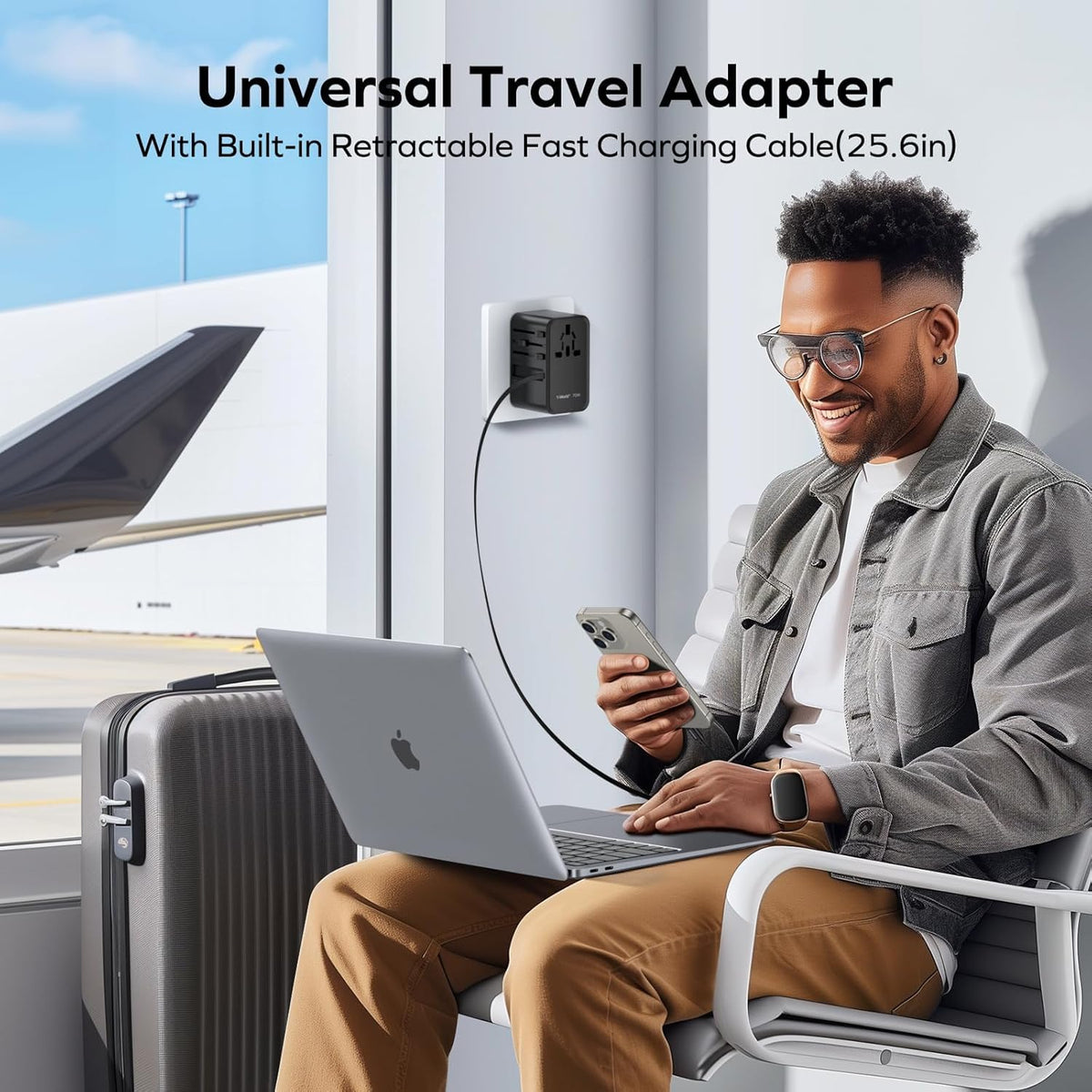 MOMAX Universal Travel Adapter, International Power Plug Adapter with 1 USB C (PD 70W), 2 USB A Ports, 1USB-C Cable (PD 70W), All-in-One Worldwide Wall Charger for USA European UK AUS (Type C/G/A/I)