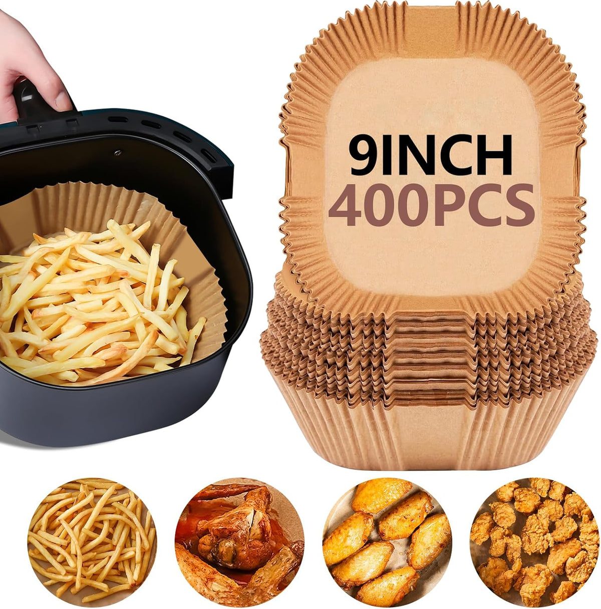 UBeesize 9 Inch Air Fryer Paper Liners, 400 PCS Parchment Paper, Air Fryer Disposable Paper Liners for Microwave, Non-Stick Sheets Square Free of Bleach（Bottom size 8 Inch）
