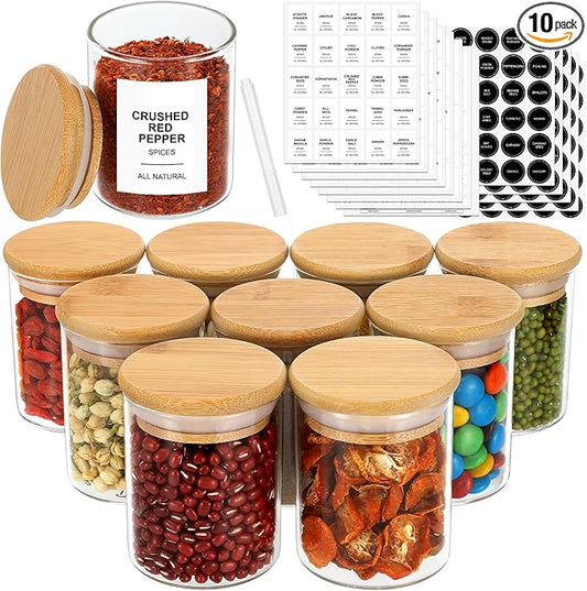 EgticHome 4OZ Glass Spice Jars with Bamboo Lids and 315 Labels, 10 Pcs Clear Food Storage Containers for Kitchen Sugar Salt Coffee Tea Beans