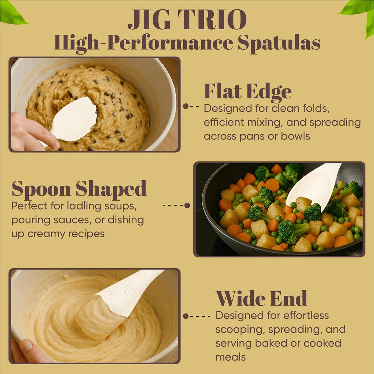 JIG TRIO 3-Piece Double-Headed Silicone Spatula Set – White – Heat-Resistant Baking & Cooking Tools – BPA-Free, Non-Stick Safe, Dishwasher Friendly, Giftable Set