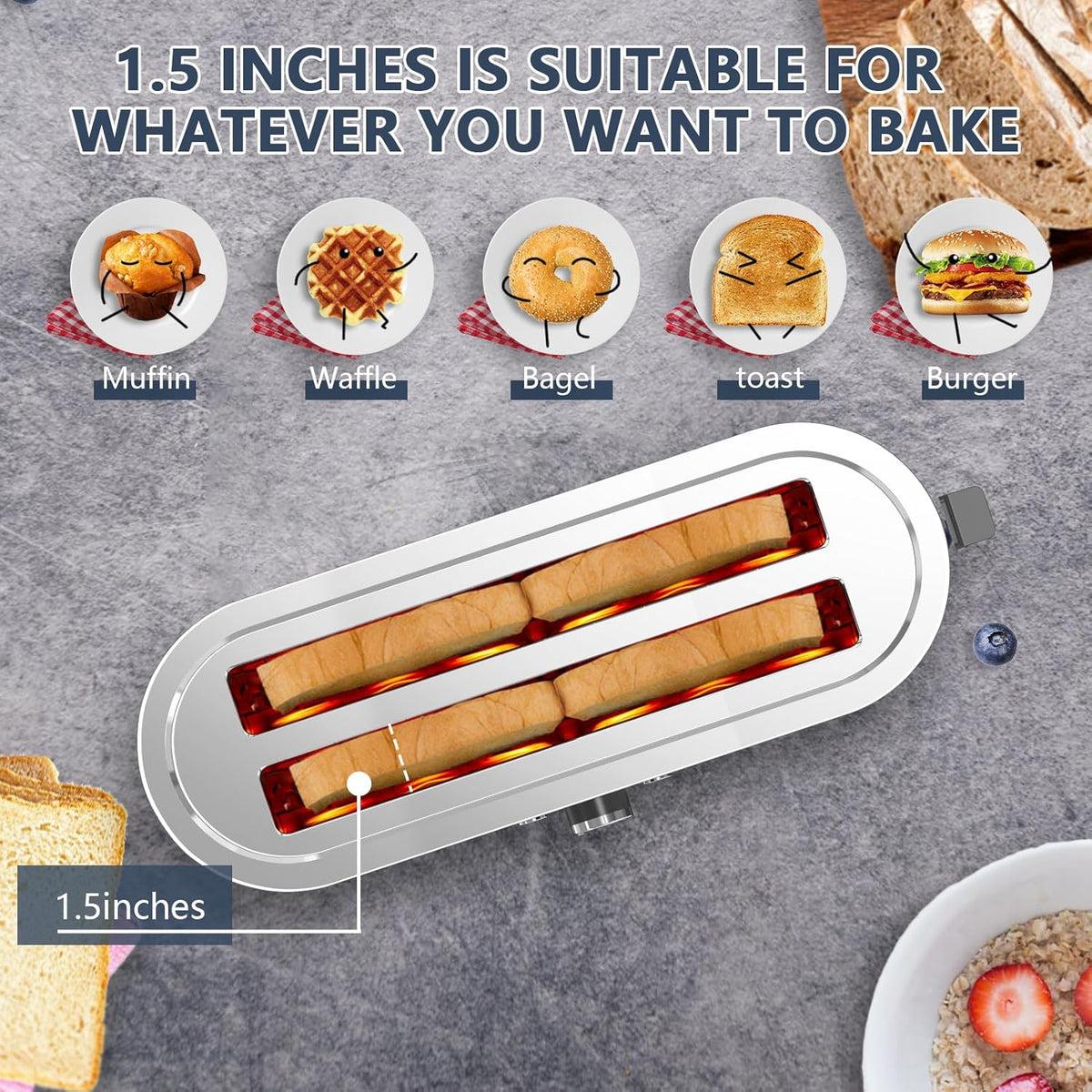 4-Slice Long Slot Toaster, 7 Browning Settings, Defrost/Reheat Functions, Removable Crumb Tray, Full body Stainless Steel Housing, 1350W, Anti-Fingerprint & Anti-Jam,Silver