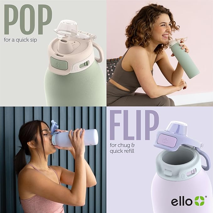 Ello Pop & Fill 32oz Stainless Steel Water Bottle with Quick Fill Technology, Double Walled and Vacuum Insulated Metal, Leak Proof Locking Lid, Sip and Chug, Reusable, BPA Free, Aurora