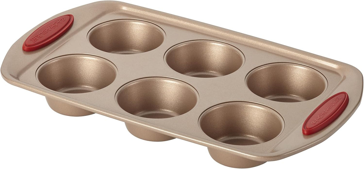Rachael Ray Cucina Bakeware Set Includes Nonstick Cake Cookie Baking Sheet and Muffin Cupcake Pan, 4 Piece, Latte Brown with Cranberry Red Grips