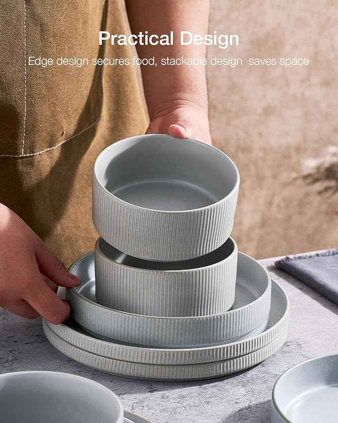 Famiware Star Dinnerware Set, Plates and Bowls Sets for 8 (24pcs), Ribbed Stoneware Dishes - Chip & Scratch Resistant, Microwave & Dishwasher Safe, Matte Gray