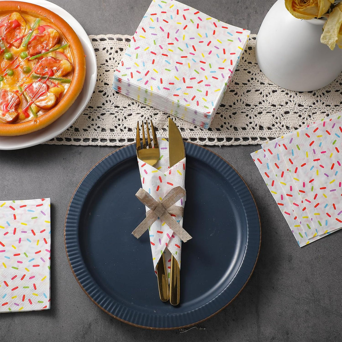 100 Pcs Sprinkles Napkins 2 Ply Disposable Paper Napkins for Baby Shower Birthday Party Theme Table Decor Supplies(White,Donut)