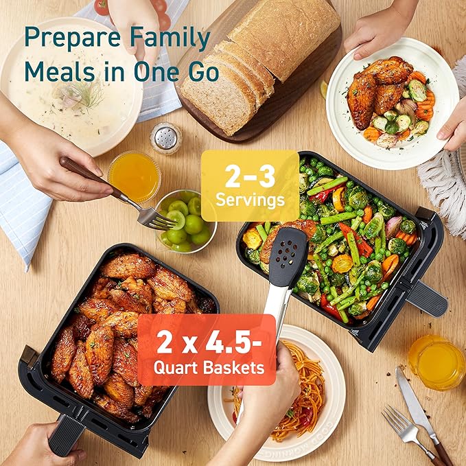 COSORI Dual Air Fryer 9Qt – 10-in-1, Fresh Balanced Meals for Family and Children with Double Baskets, Sync Cook & Finish to Bake, Roast, Reheat, Broil & 130 Recipes for Easy Cooking, Dishwasher Safe