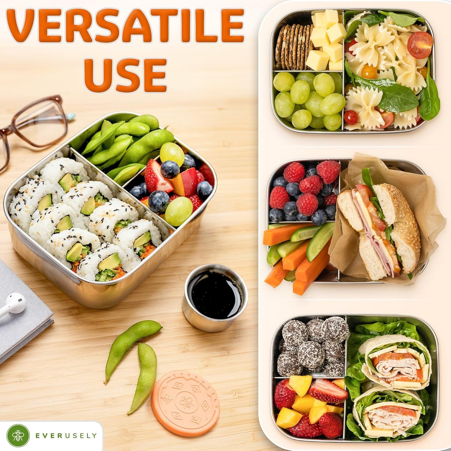 Everusely - Bento Box - Orange, 27oz / 0.8 L - Stainless Steel Lunch Box with Leakproof Condiment Container - 3 Compartment Snack Organizer for On the Go Meals - Freezer & Dishwasher Safe