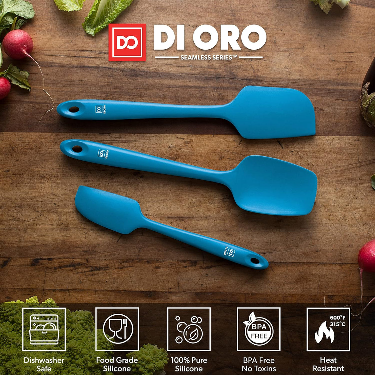 DI ORO Silicone Spatula Set - Rubber Kitchen Spatulas for Baking, Cooking, & Mixing - 600°F Heat-Resistant & BPA Free Silicone Scraper Spatulas for Nonstick Cookware - Dishwasher Safe (3pc, Blue)