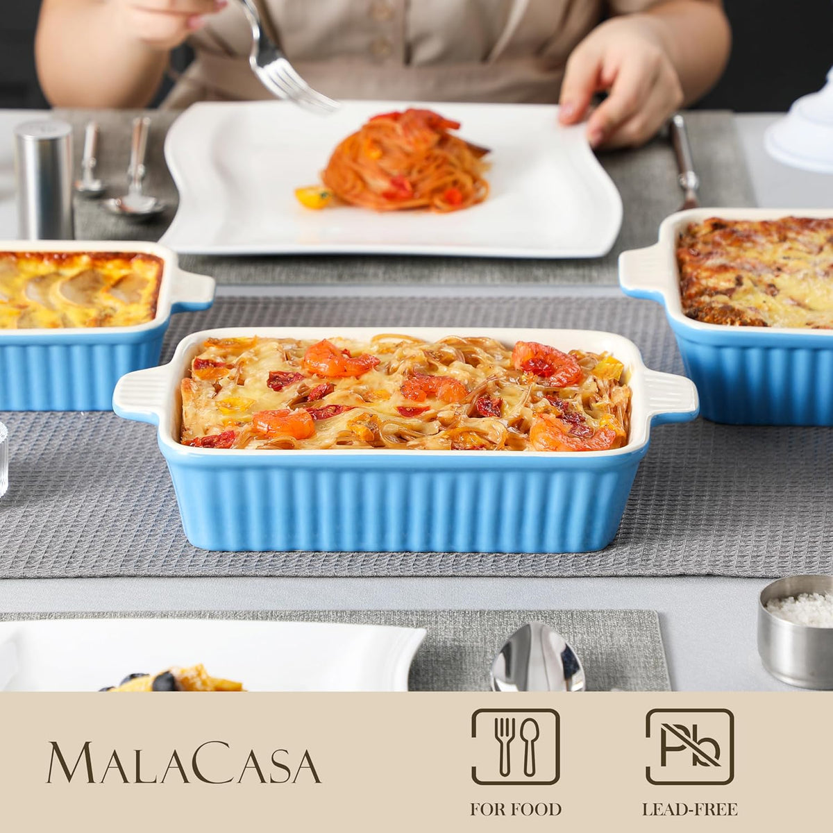 MALACASA Casserole Dishes for Oven, Porcelain Baking Dishes, Ceramic Bakeware Sets of 4, Rectangular Lasagna Pans Deep with Handles for Baking Kitchen, Blue (9.4"/11.1"/12.2"/14.7"), Series BAKE.BAKE