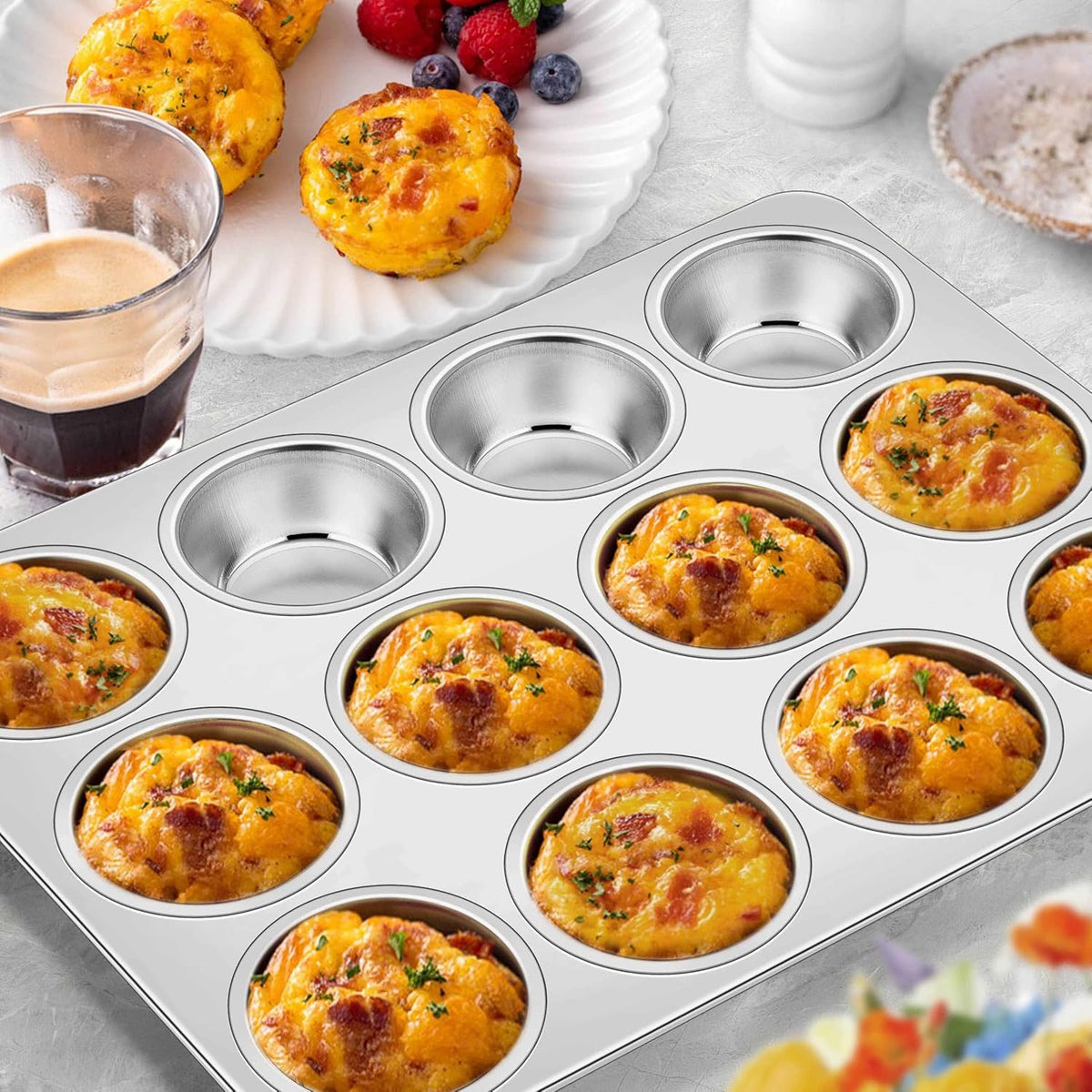 Homikit 1 Pack Muffin Pan, Stainless Steel Cupcake Tin with 12 Cups Regular Size, 13.8" x 10.4" Nonstick Metal Egg Bites Tray for Oven Baking, Non Toxic & Rust Free, Easy Release & Dishwasher Safe