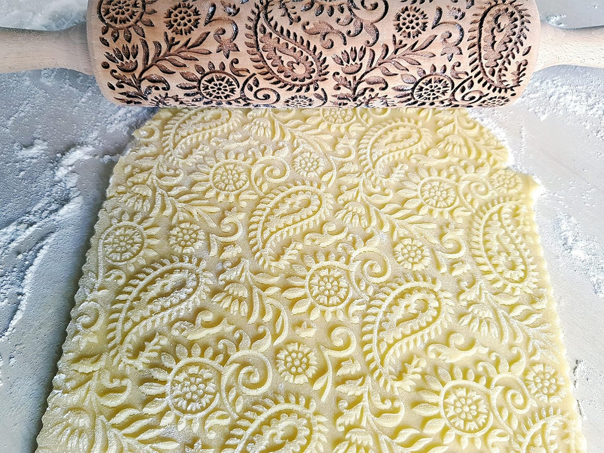 INDIAN embossing rolling pin with Indian Paisley Pattern. Dough roller for embossed cookies and Pottery by Algis Crafts
