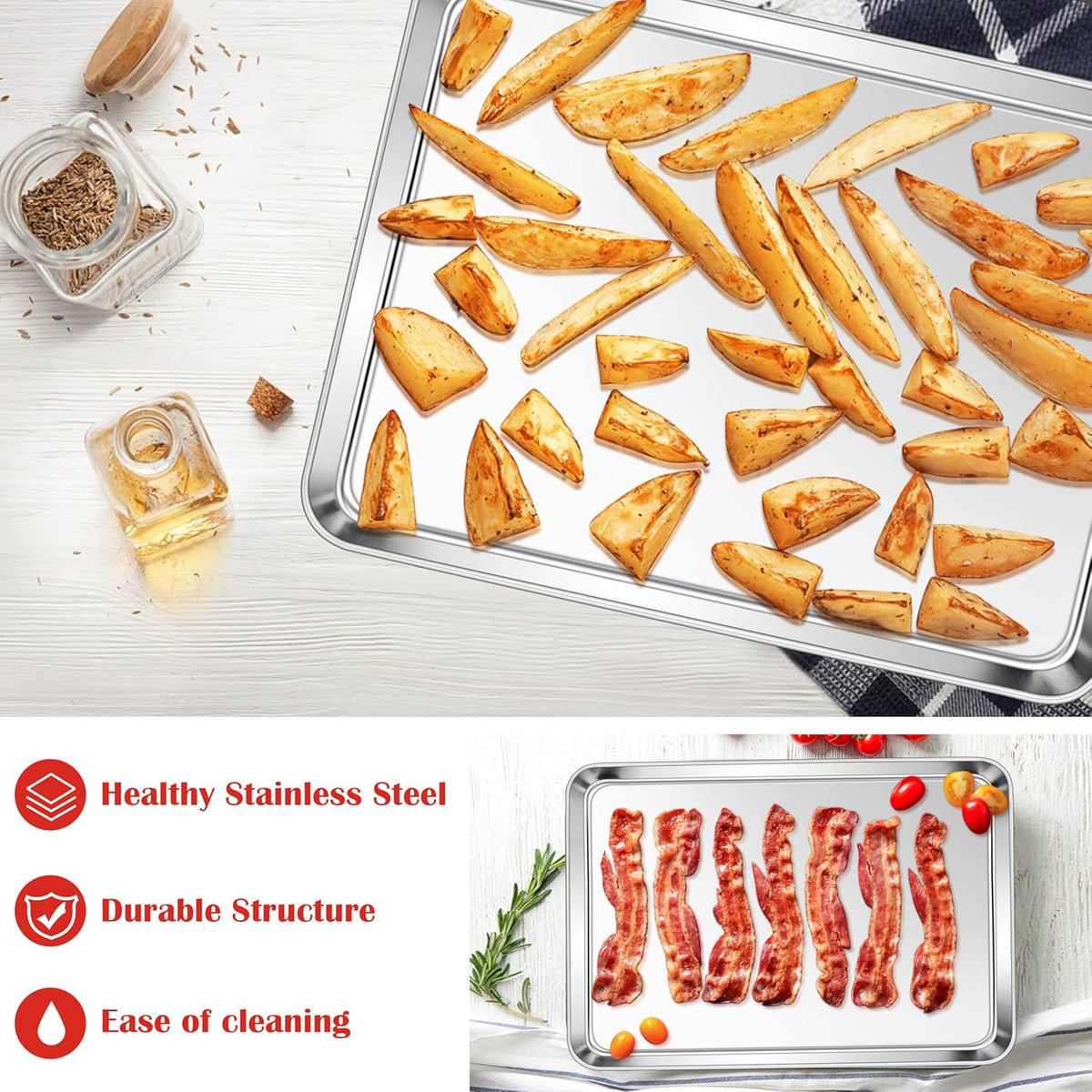 E-far Cookie Sheets Set of 3, 18”x13” Stainless Steel Baking Sheet Pans for Oven, Large Non Toxic Metal Baking Tray for Baking Roasting, Healthy & Rust Free, Mirror Finish & Dishwasher Safe
