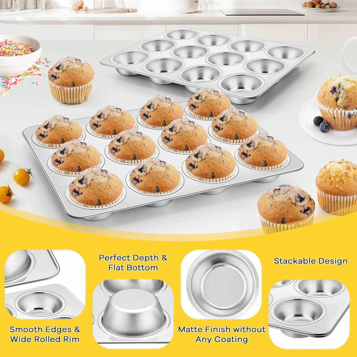 Homikit 1 Pack Muffin Pan, Stainless Steel Cupcake Tin with 12 Cups Regular Size, 13.8" x 10.4" Nonstick Metal Egg Bites Tray for Oven Baking, Non Toxic & Rust Free, Easy Release & Dishwasher Safe