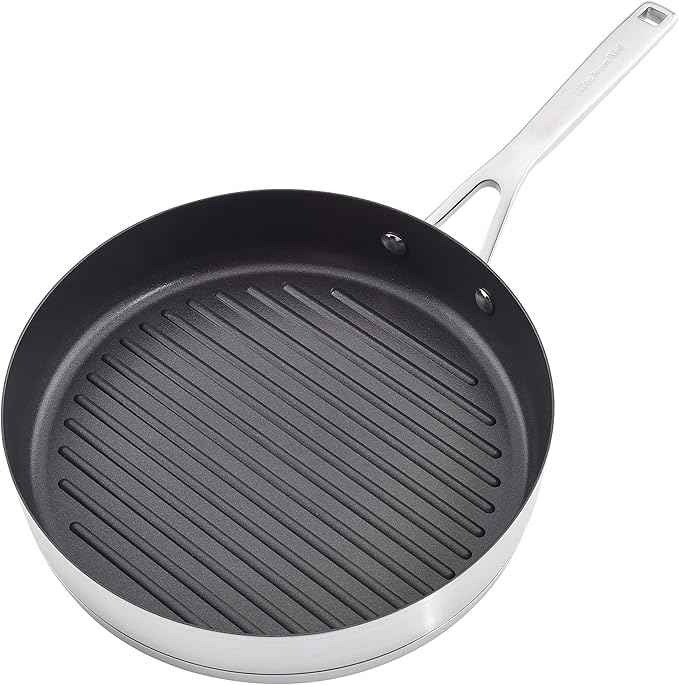 KitchenAid 3-Ply Base Brushed Stainless Steel Induction Pots and Pans Set with Nonstick Round Grill Pan and Lids, Dishwasher Safe, 10 Piece Cookware Set, Brushed Stainless Steel