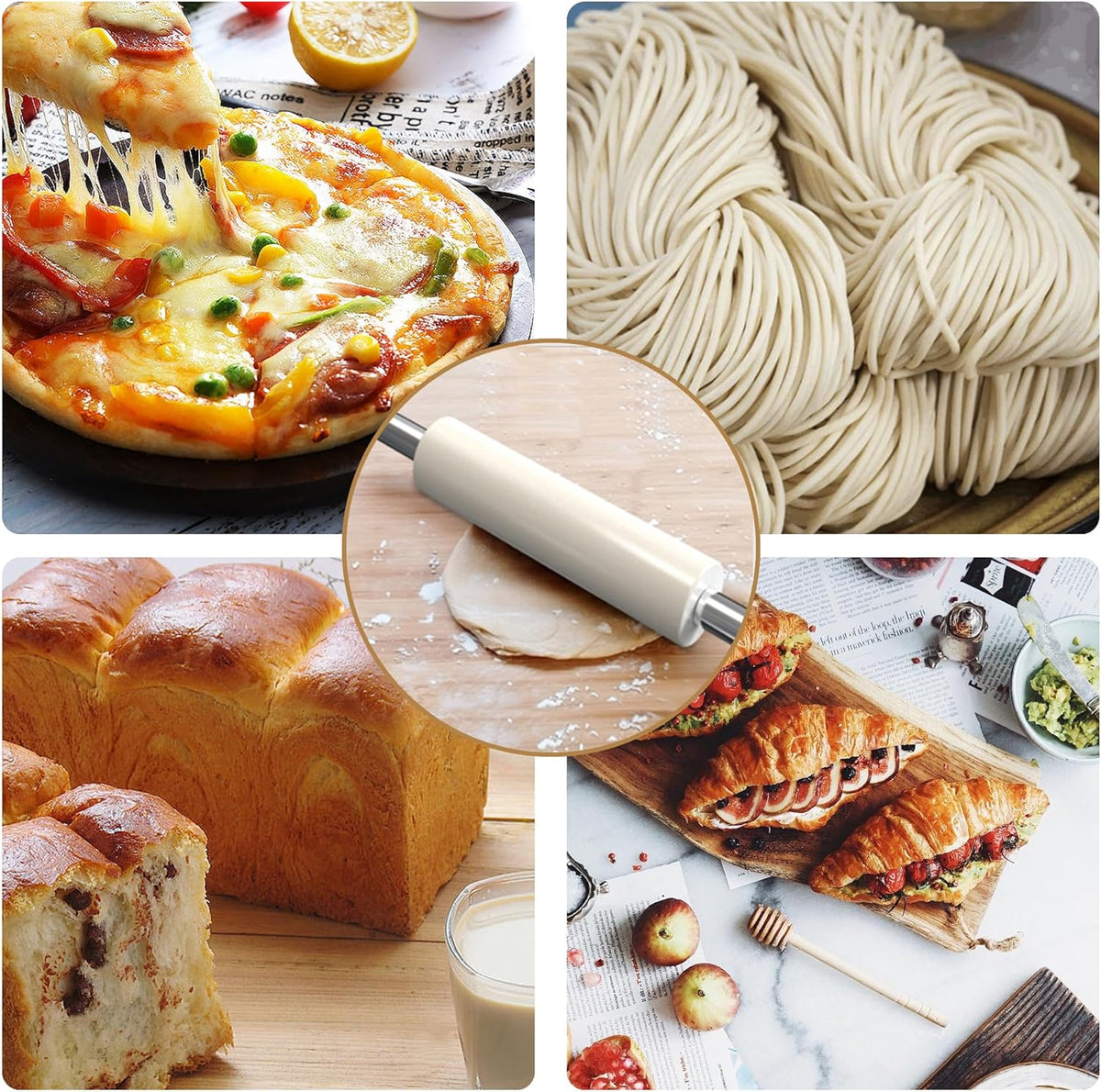 Marble Rolling Pin with Stainless Steel Handle for Baking,Fondant,Pizza,Cookie Crust,Pie,Cookies,Pastry, 18.5”(Includes handle) Marble Rolling Pin with 3 Multi-Color Thicknesses and Wood Stand