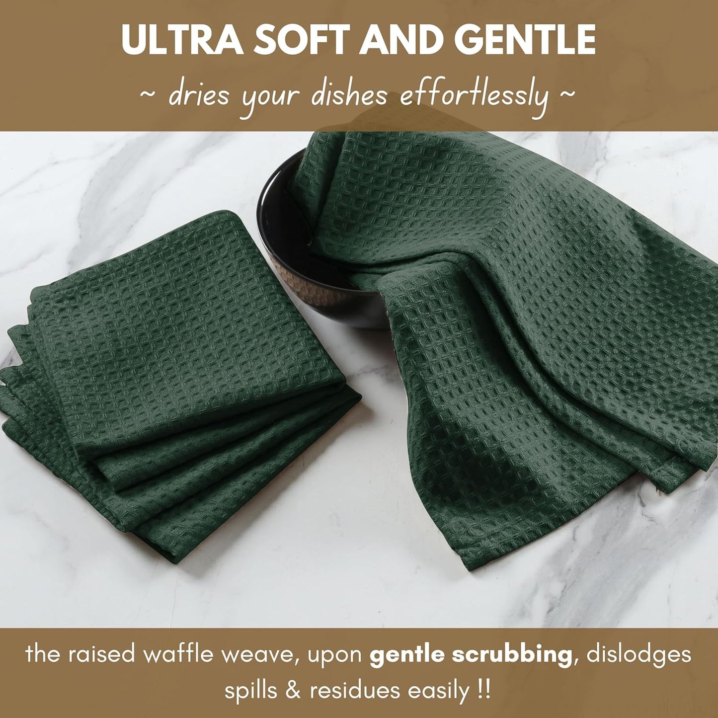 Native Fab Waffle 12 Pack 100% Cotton Easter Kitchen Dish Towels 16x26 Absorbent Durable Washable Tea Towels with Hanging Loop, Olive Green