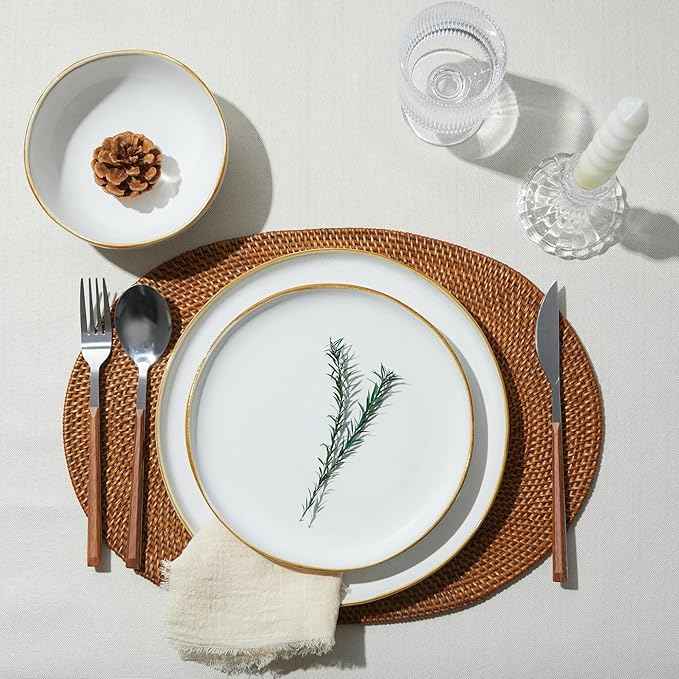 24 Piece White Ceramic Plates and Bowls Sets for 8, Reactive Glaze Stoneware with Coastal‑Line Look | Ideal for Holiday Entertaining, Thanksgiving, and Large Family Meals
