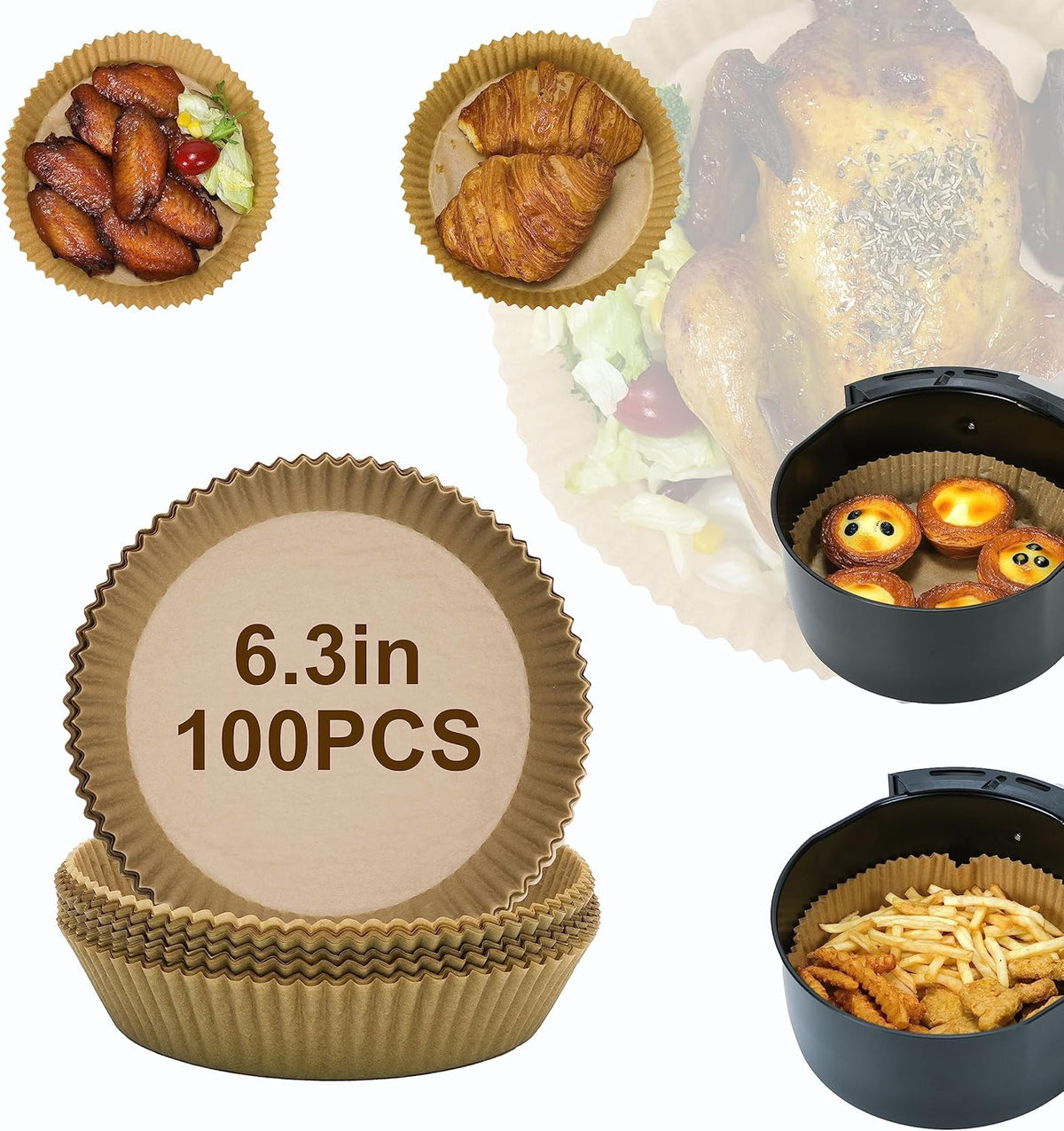 Air Fryer Disposable Paper Liners 100pcs 6.3 inch Round Parchment Paper Liner for Baking Roasting Fit 2-5 QT