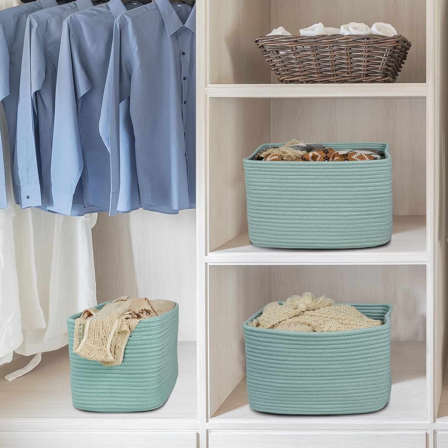 Cotton Rope storage Basket Bins Woven Basket for Organizing Shelves Rectangle Decorative Baskets For storage Clothes Toys Books Towels Square Wicker Nursery basket organizer 3 pack Green