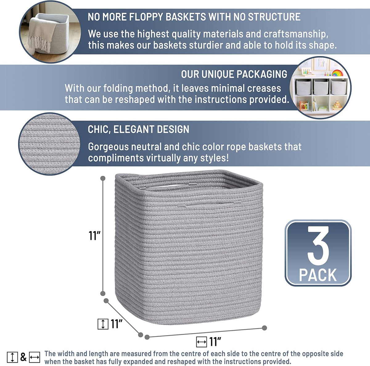 NaturalCozy Storage Cubes 11 Inch Cotton Rope Woven Baskets for Organizing, 3-Pack | Cube Storage Bin | Square Storage Baskets for Shelves Organizer, Classroom, Kids Toy Bins, Closet, Baby Nursery