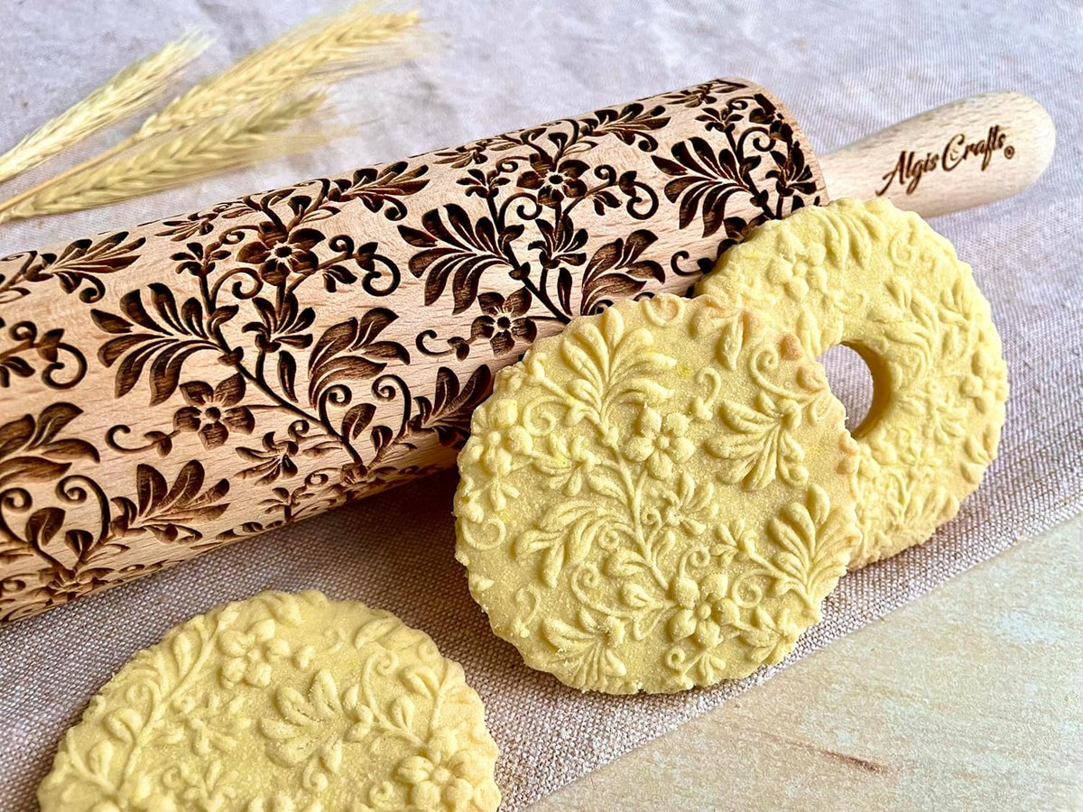 FLORAL WREATH Embossing Rolling Pin with Flowers Pattern. Dough and Clay Roller for Embossed Cookies and Pottery. Cookie and Ceramic Stamp. Backing Gifts for Women by Algis Crafts
