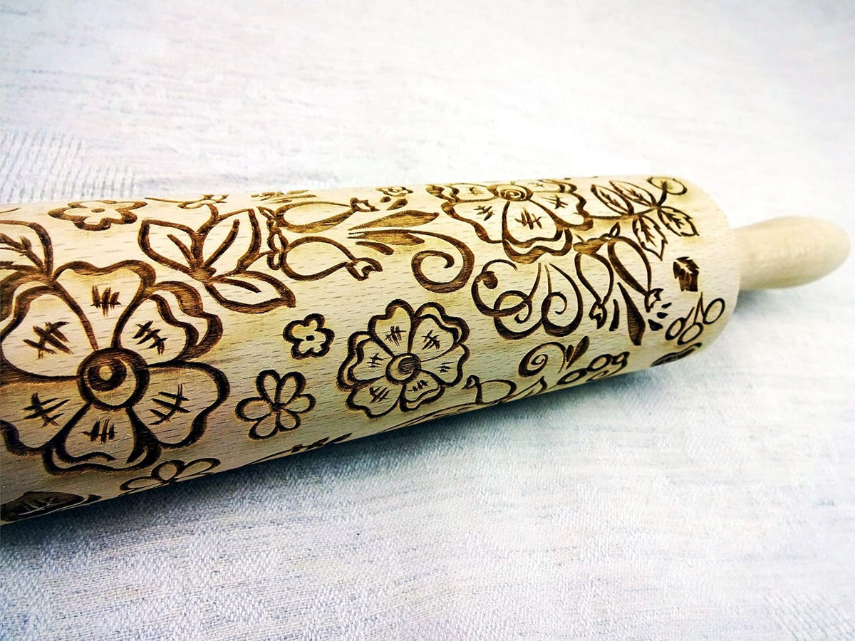 ROSEHIP FLOWERS EMBOSSING ROLLING PIN LASER ENGRAVED with ROSESHIP FLOWERS GIFT for MOTHER FRIEND