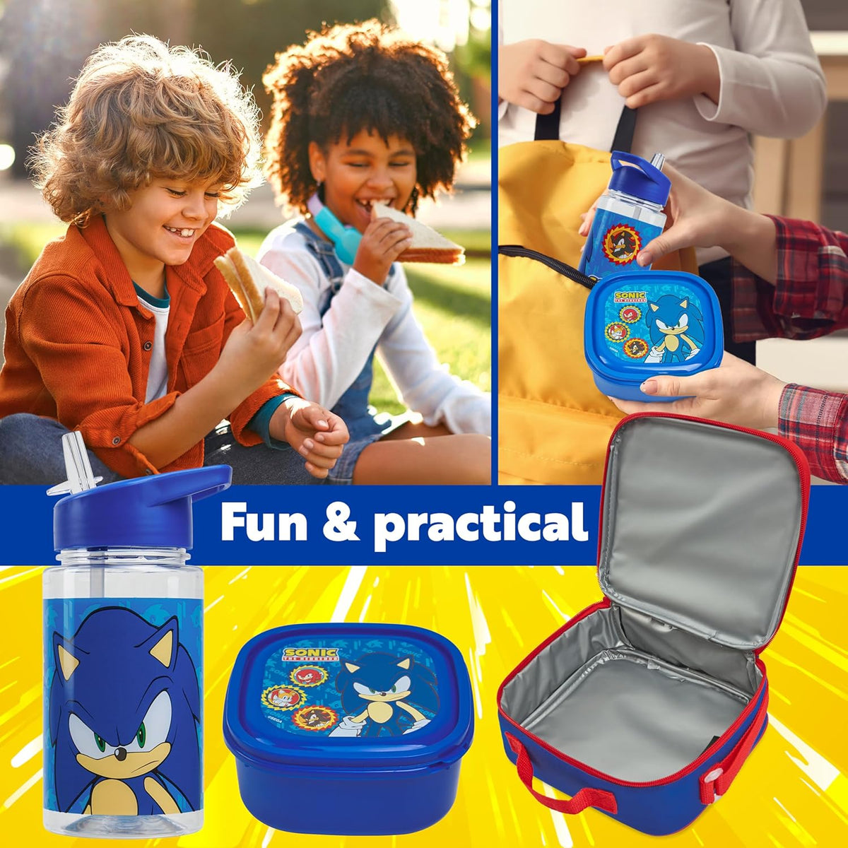 Get Trend SONIC THE HEDGEHOG Kids Lunch Bag Set 3 Pc with Leak Proof Water Bottle and Small Lunch Box Insulated for School Daycare Travel (Sonic)