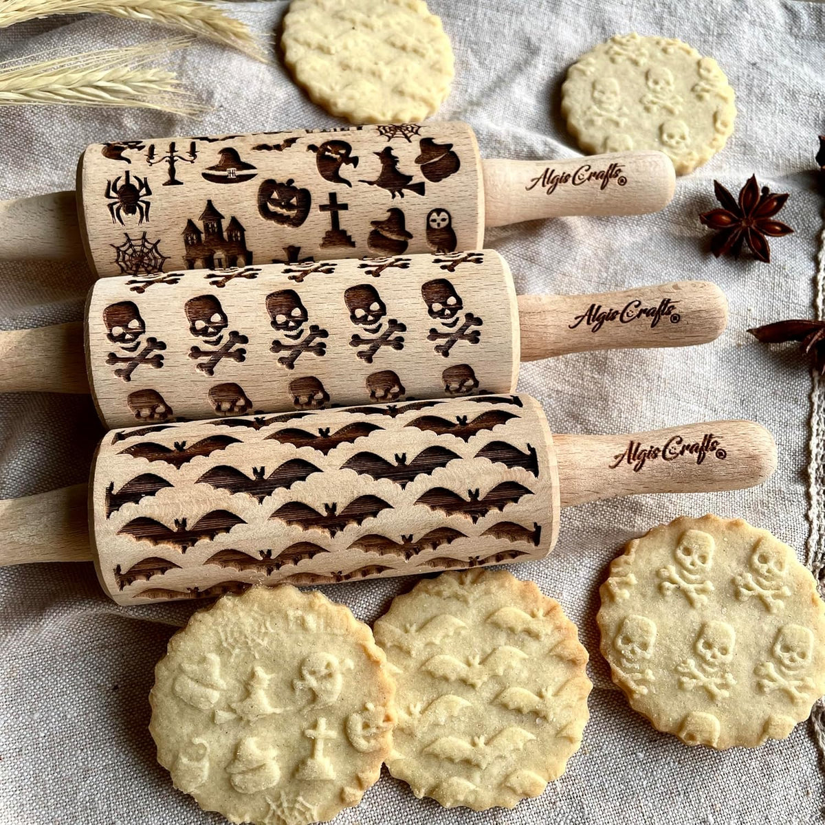 HALLOWEEN 3 Mini Embossed Rolling Pin Set. Wooden Laser Engraved Textured rolling pins for Cookies, Modeline, Ceramic with Skulls, Bats, Halloween by Algis Crafts